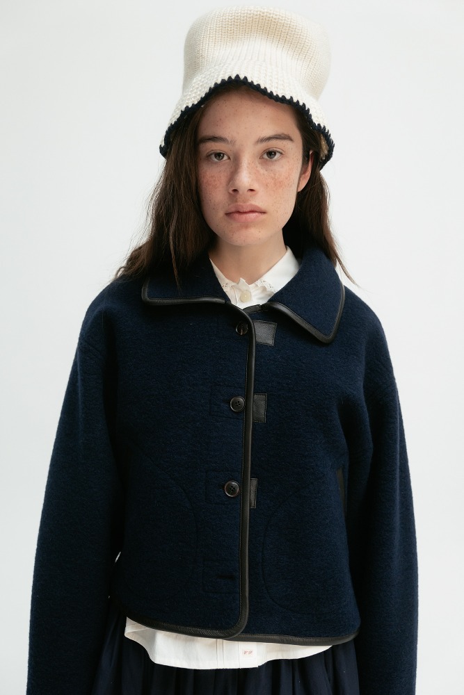 Via Leather taping cropped wool Jacket (navy)
